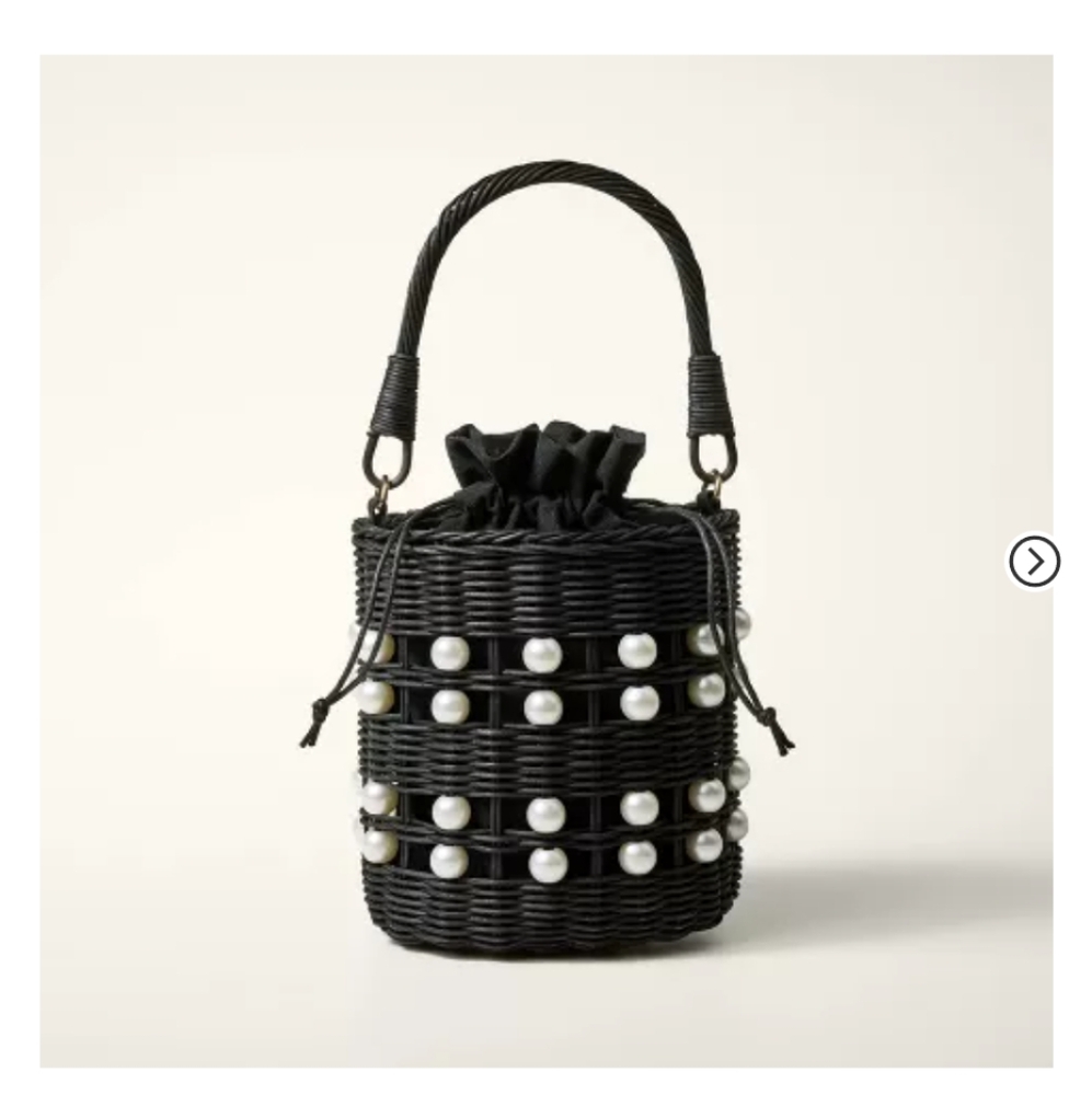 Black Woven Bucket Bag with Pearl Accents